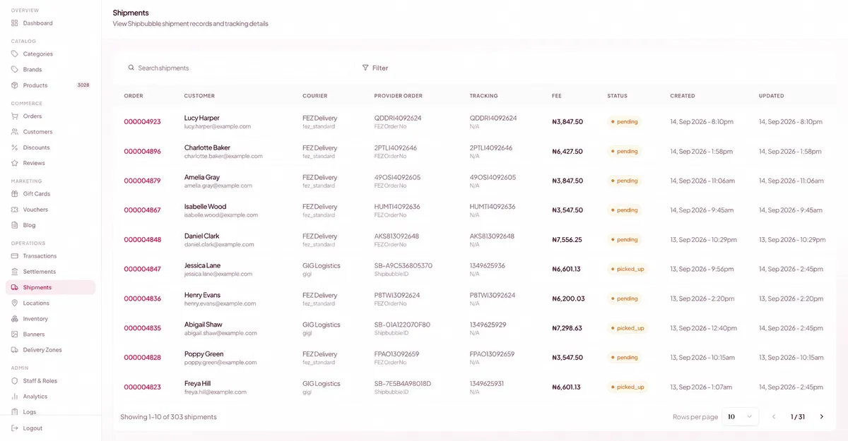 Live shipment tracking across a merchant's orders in Retail OS