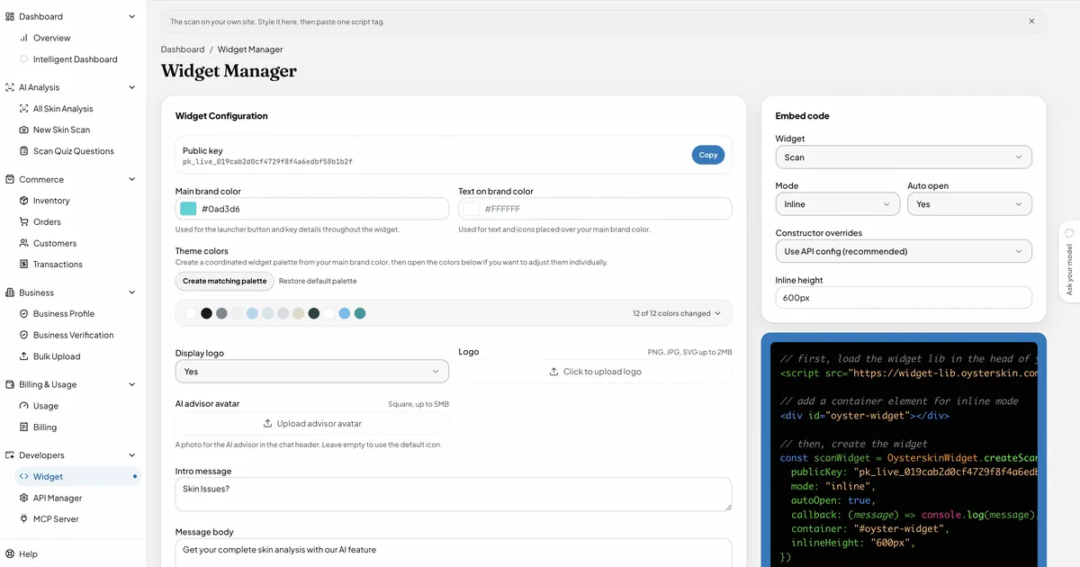 Oyster Widget Manager showing branding and embed settings
