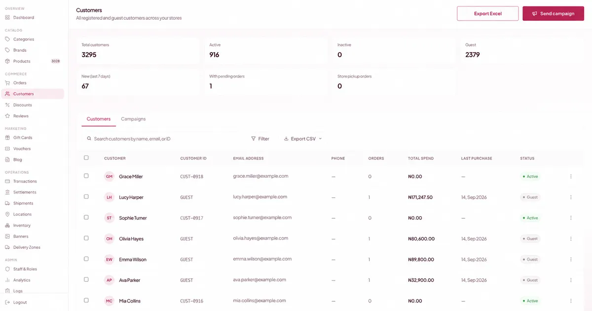 A merchant's customer list with skin profiles and order history in Retail OS